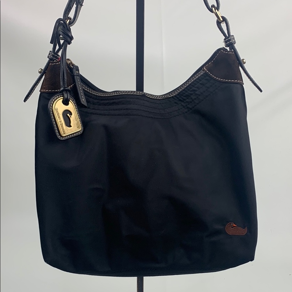 Dooney & Bourke Black leather Nylon Shoulder Bag Gold charm Pink lined Serial #
